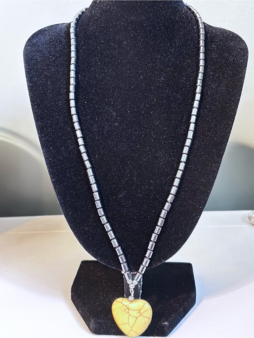 Yellow Heart Pendant Necklace with Hematite Beads